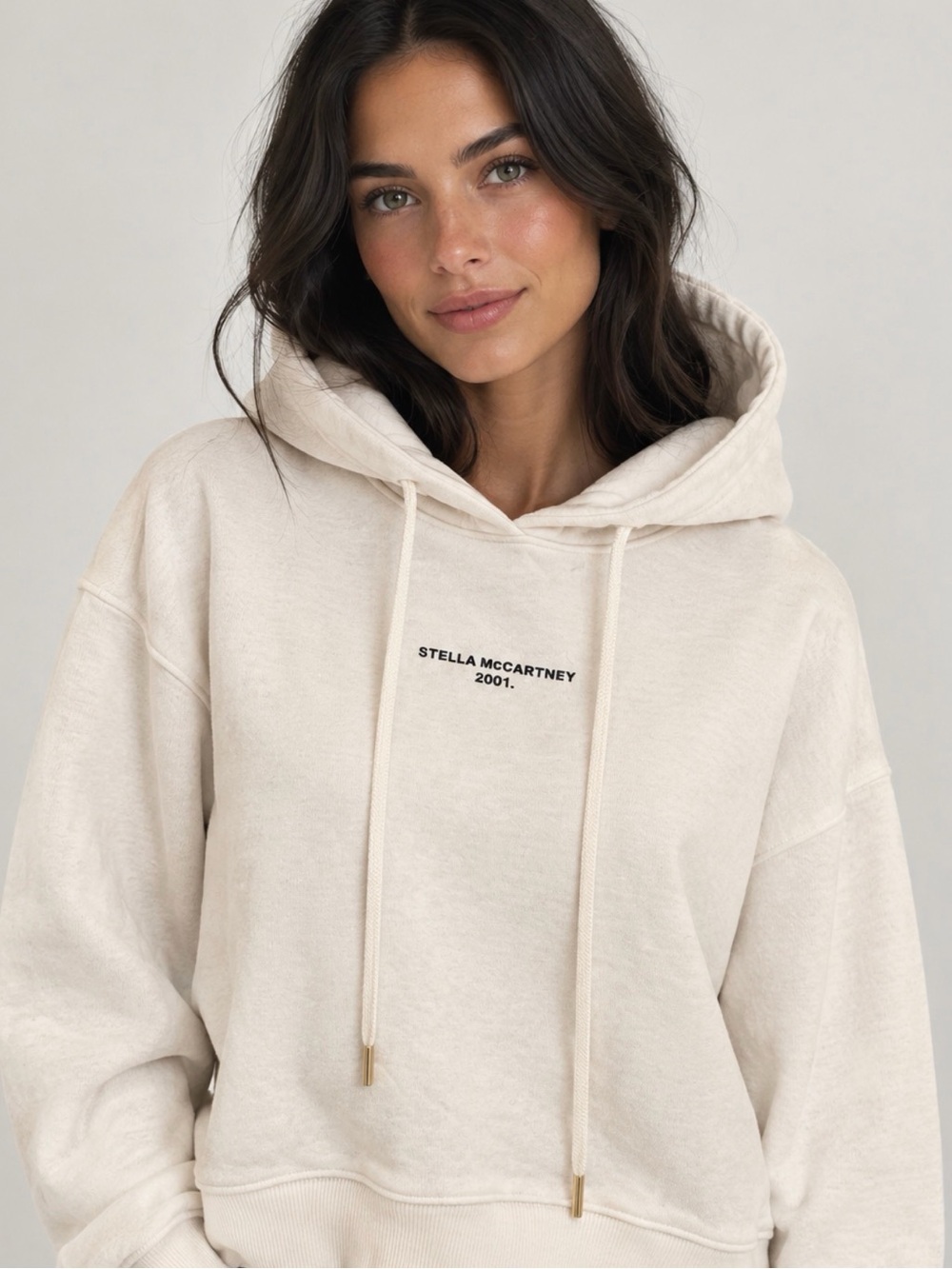 Stella McCartney White Cropped Hooded sweatshirt with black logo on front sz 40